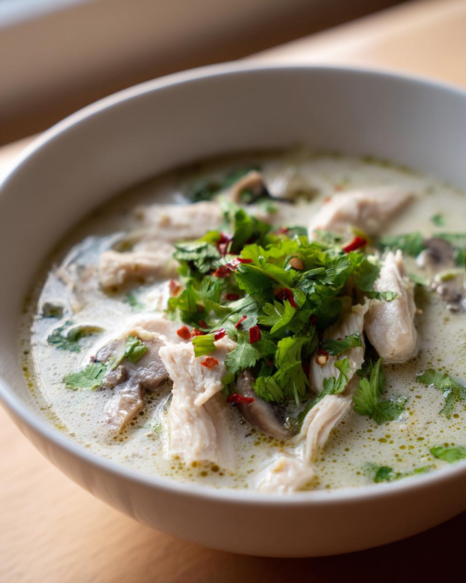 A close-up shot of a bowl of creamy chicken coconut soup, topped generously with fresh cilantro and red chili flakes.