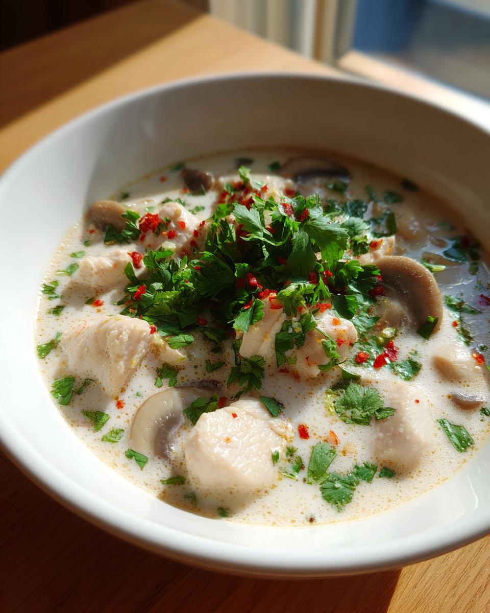 Close-up of a white bowl filled with creamy chicken coconut soup, garnished with fresh parsley and red chili flakes.