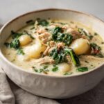 Close-up of a creamy bowl of chicken gnocchi soup recipe with shredded chicken, spinach, and potato dumplings.