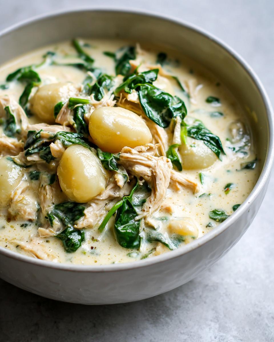 Close-up of a creamy chicken gnocchi soup recipe bowl, featuring shredded chicken, spinach, and soft potato gnocchi.