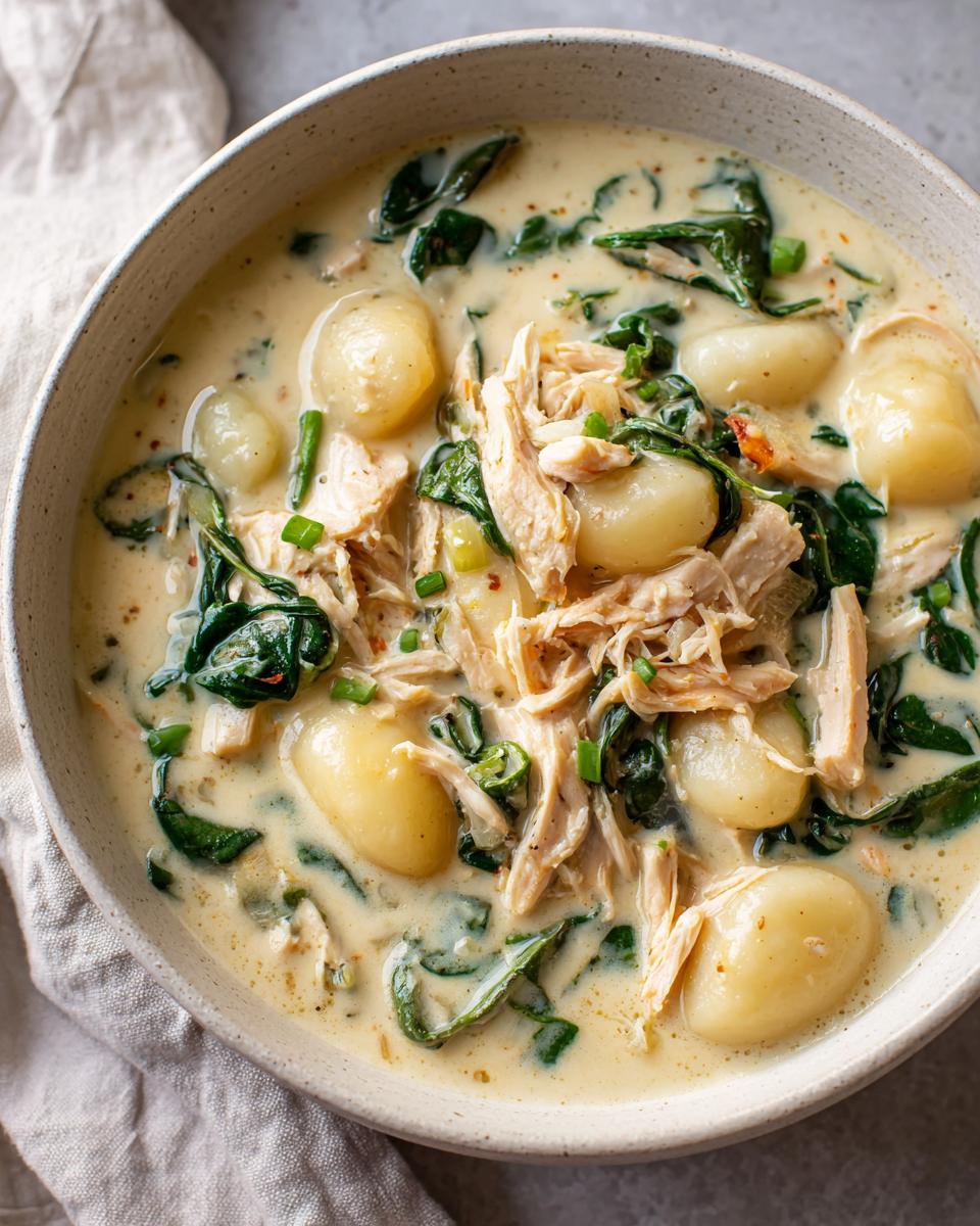 A close-up overhead shot of a creamy chicken gnocchi soup recipe, featuring shredded chicken, spinach, and soft gnocchi.