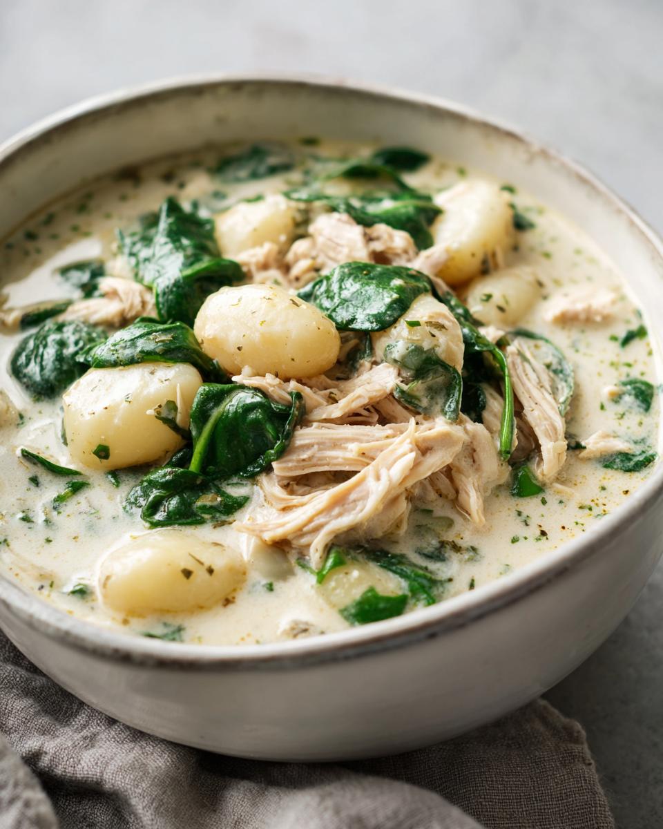 A close-up of a bowl of creamy chicken gnocchi soup recipe featuring shredded chicken, spinach, and potato gnocchi.
