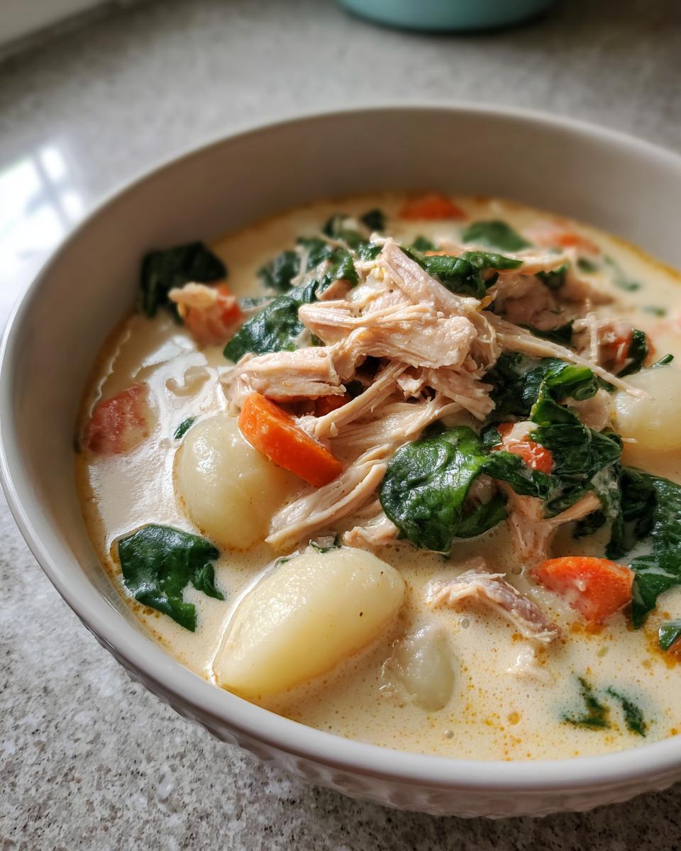 A close-up of a bowl of creamy chicken gnocchi soup recipe, featuring shredded chicken, spinach, and carrots.