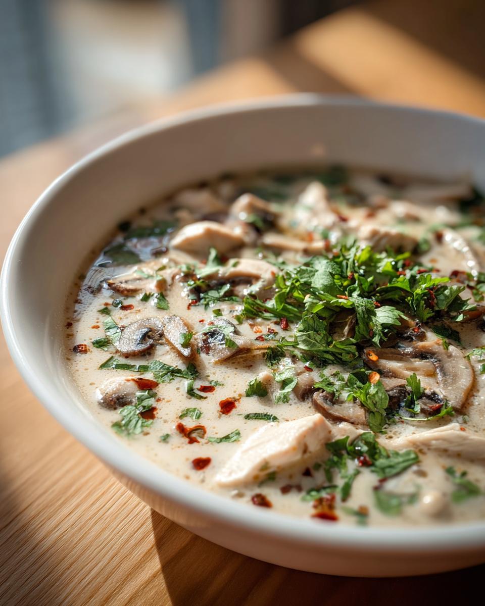 Close-up of a creamy chicken and mushroom coconut soup garnished with fresh cilantro and chili flakes.
