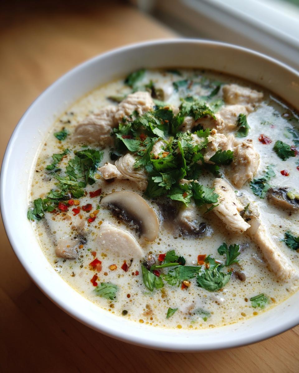 Close-up of a bowl of creamy coconut soup filled with sliced chicken, mushrooms, and topped with fresh cilantro and chili flakes.