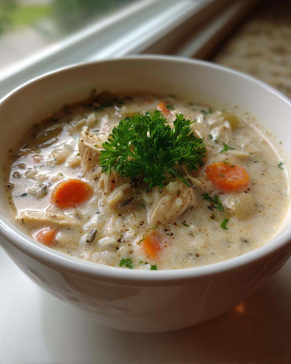 Close-up of a creamy chicken and wild rice soup, garnished with fresh parsley and sliced carrots.