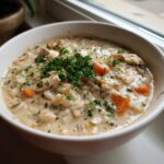 A close-up of a hearty bowl of creamy chicken and rice soup, garnished with fresh parsley.