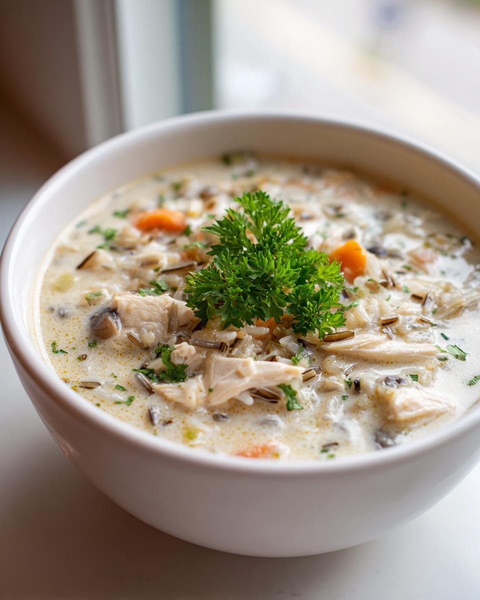 Close-up of a creamy chicken and wild rice soup garnished with fresh parsley.