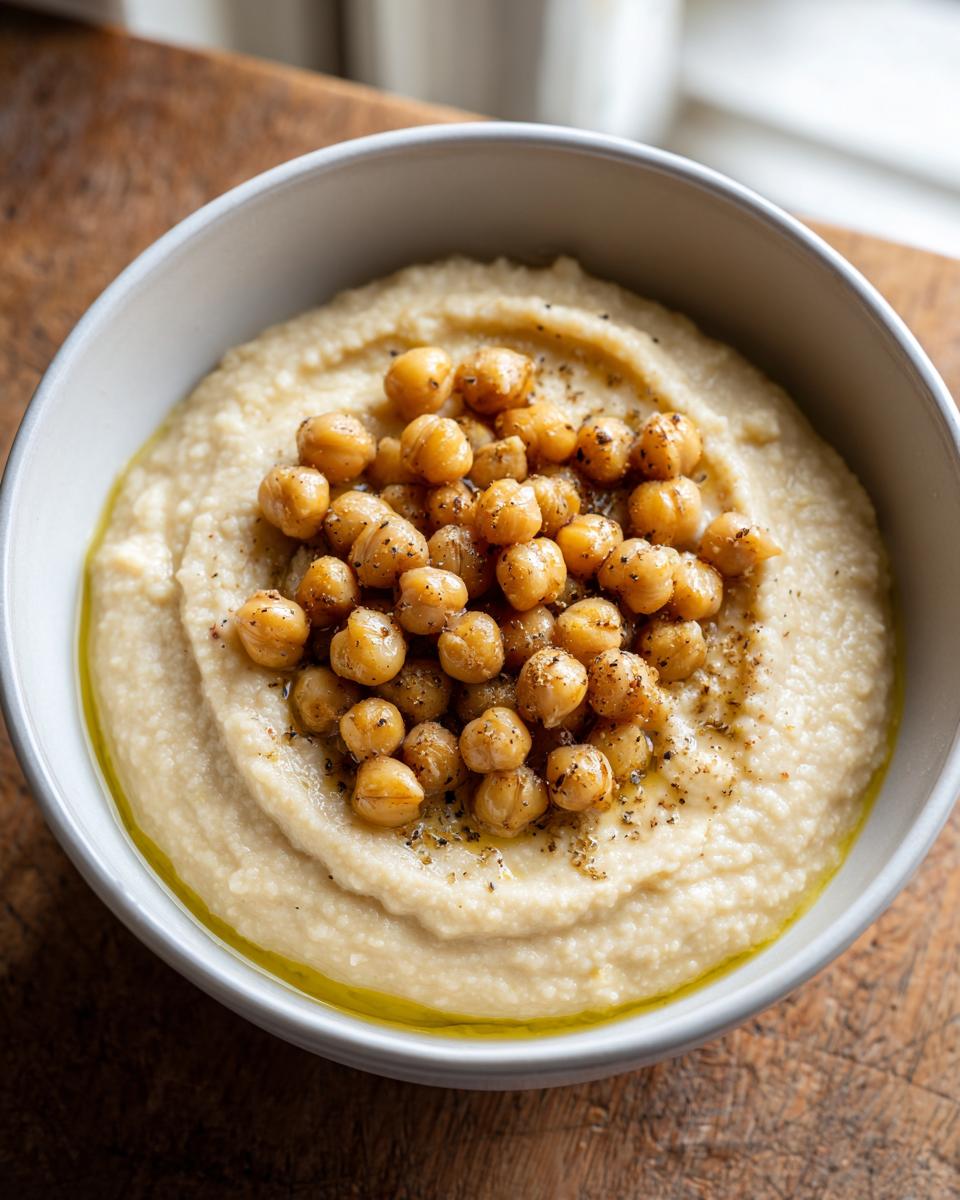 A bowl of creamy chickpea soup garnished with roasted chickpeas, olive oil, and pepper.