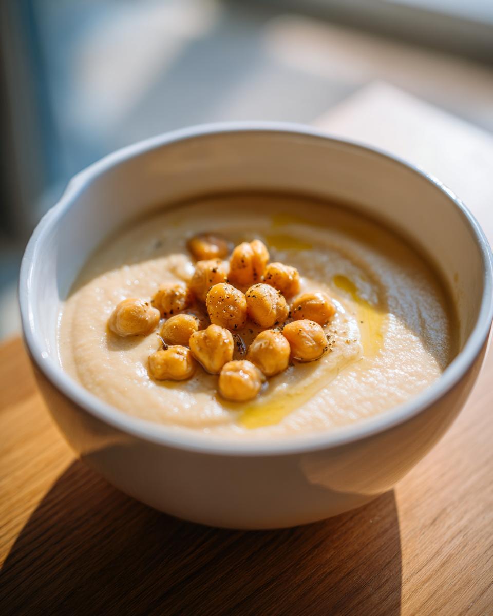 Close-up of a bowl of creamy chickpea soup, garnished with whole roasted chickpeas and olive oil.