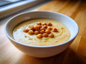 A white bowl filled with creamy chickpea soup, topped with roasted chickpeas and a drizzle of olive oil.