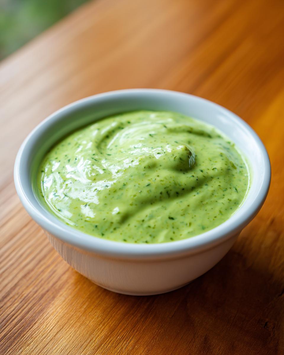 A close-up of vibrant green, creamy cilantro lime sauce served in a small white bowl on a wooden surface.