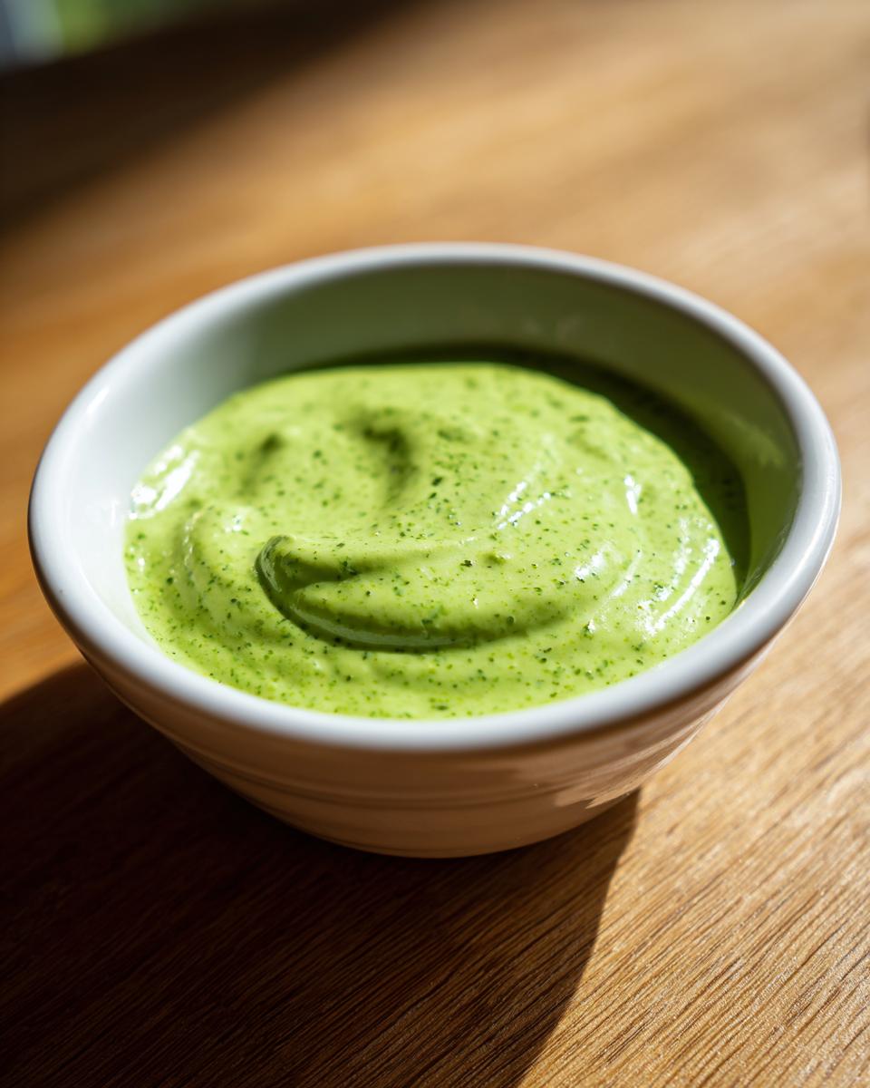 A close-up of thick, vibrant green cilantro lime sauce served in a small white bowl on a wooden surface.