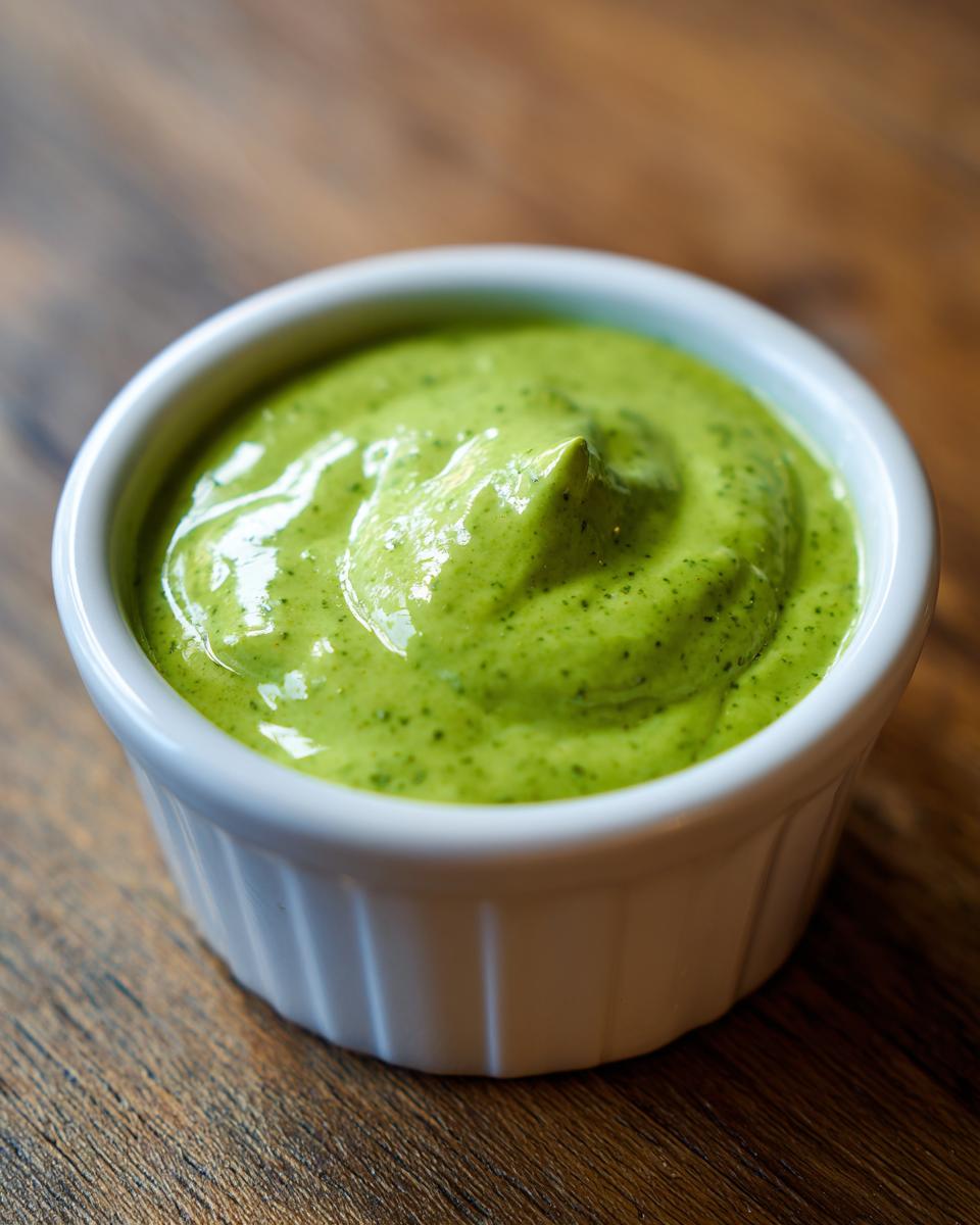 Close-up of a vibrant green, creamy cilantro lime sauce served in a small white ramekin on a wooden surface.