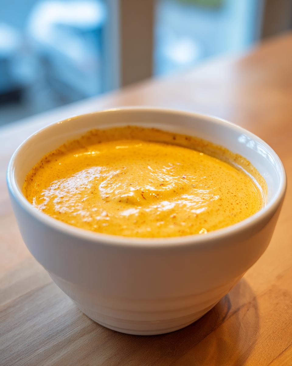A close-up of creamy, orange-yellow cottage cheese queso served in a small white bowl on a wooden surface.