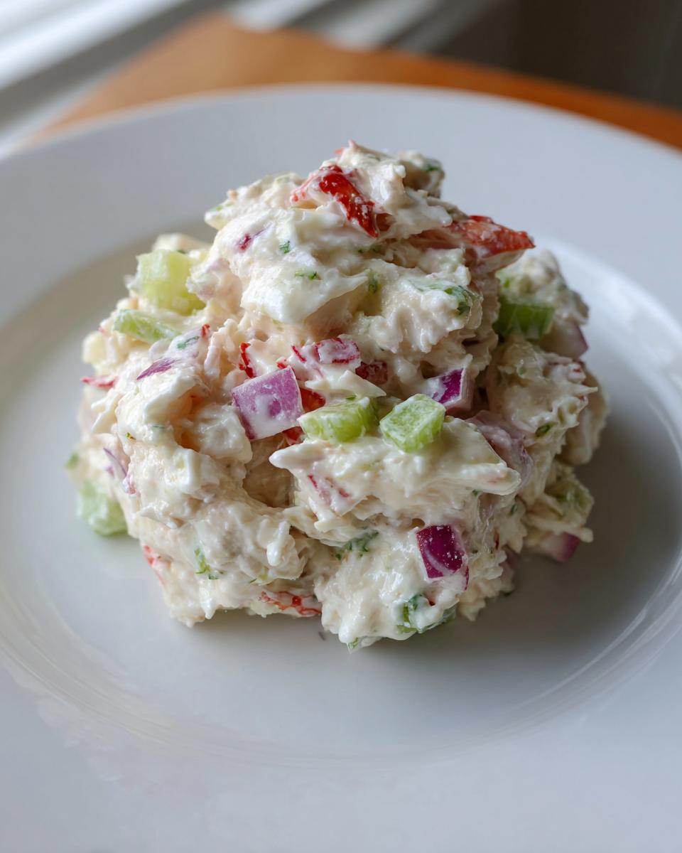 A close-up of a scoop of creamy crab salad mixed with diced red onion, celery, and red pepper on a white plate.