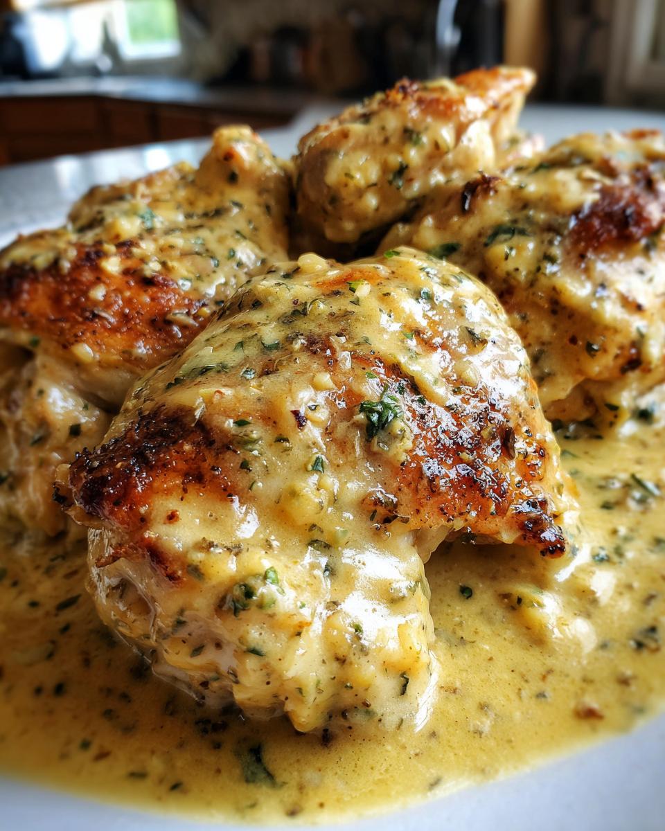 Close-up of perfectly seared chicken pieces smothered in a rich, creamy Dijon chicken sauce with visible herbs.