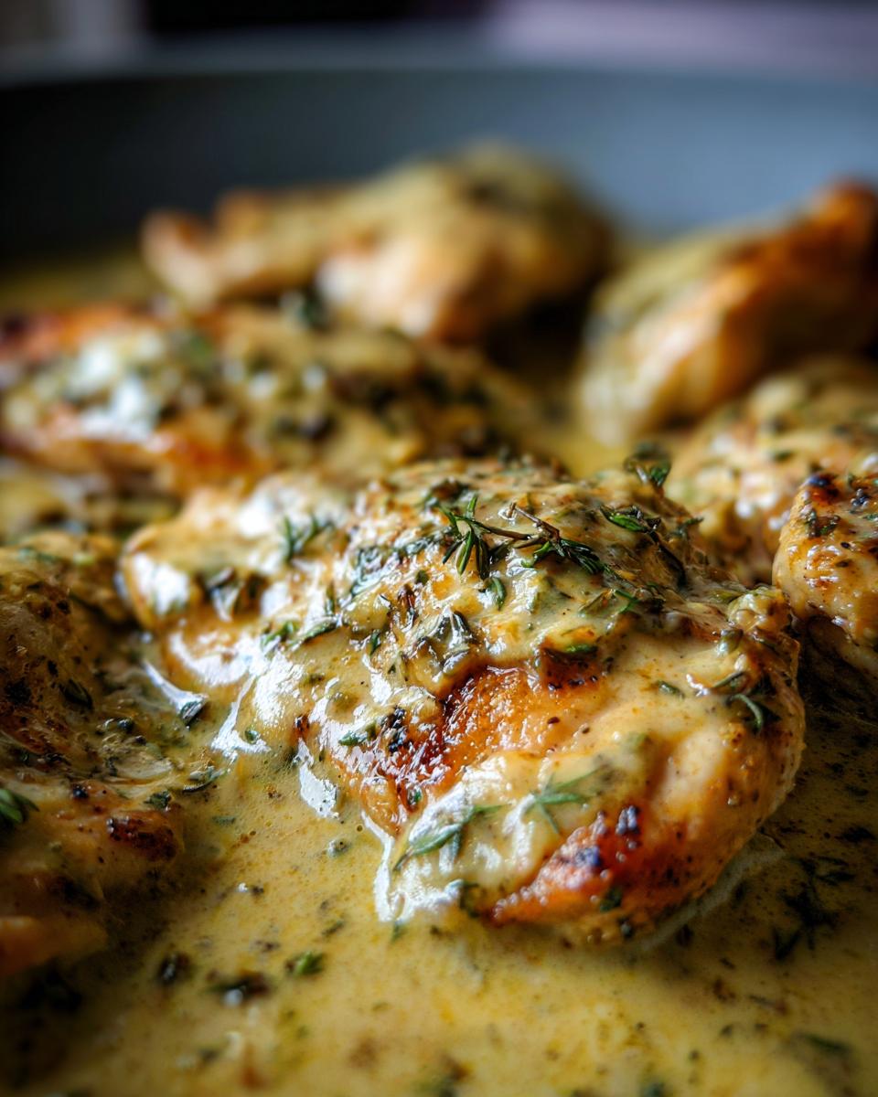 Close-up of golden-brown chicken breasts smothered in a creamy, herb-flecked Dijon chicken sauce.