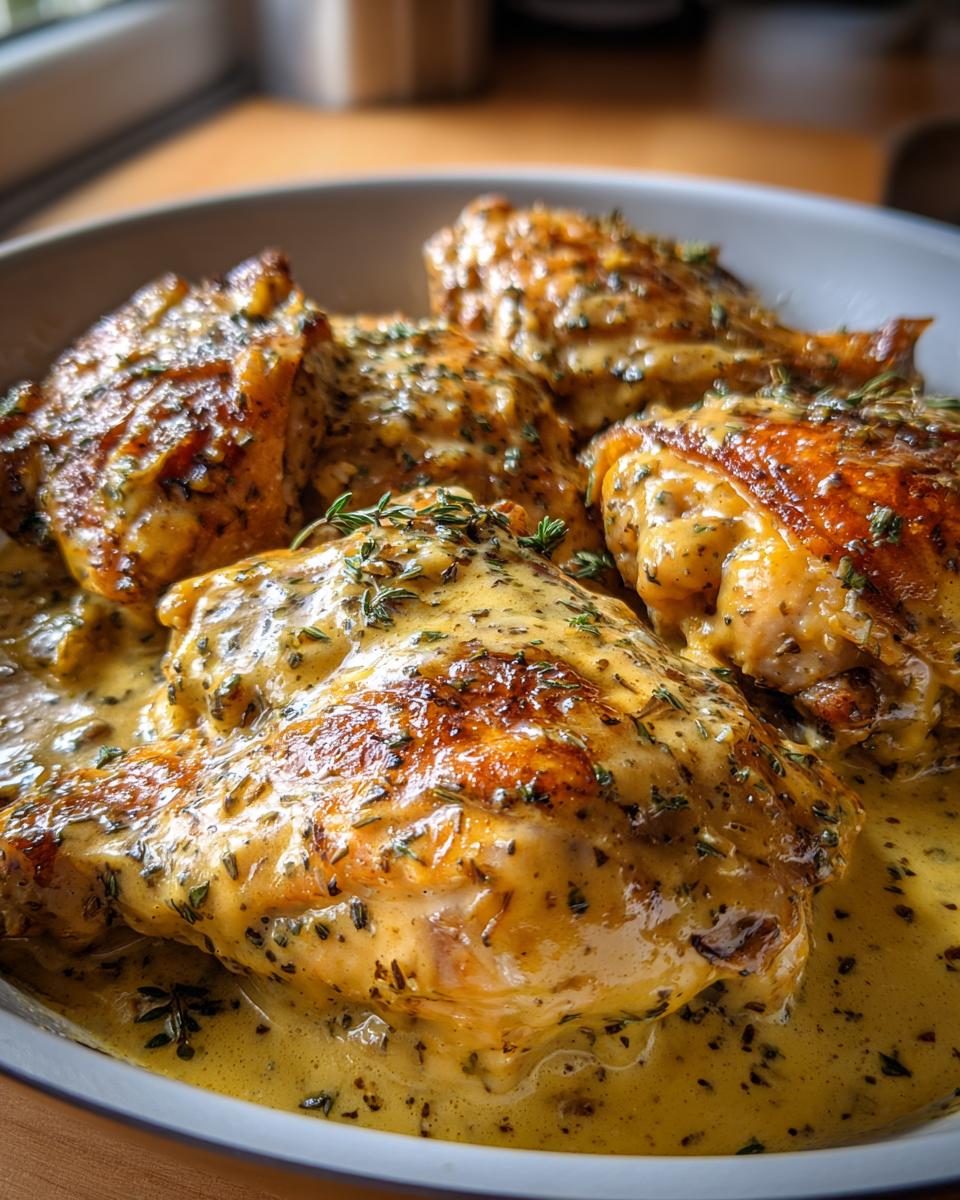 Four pieces of golden-brown chicken thighs smothered in a creamy, herb-flecked dijon chicken sauce.