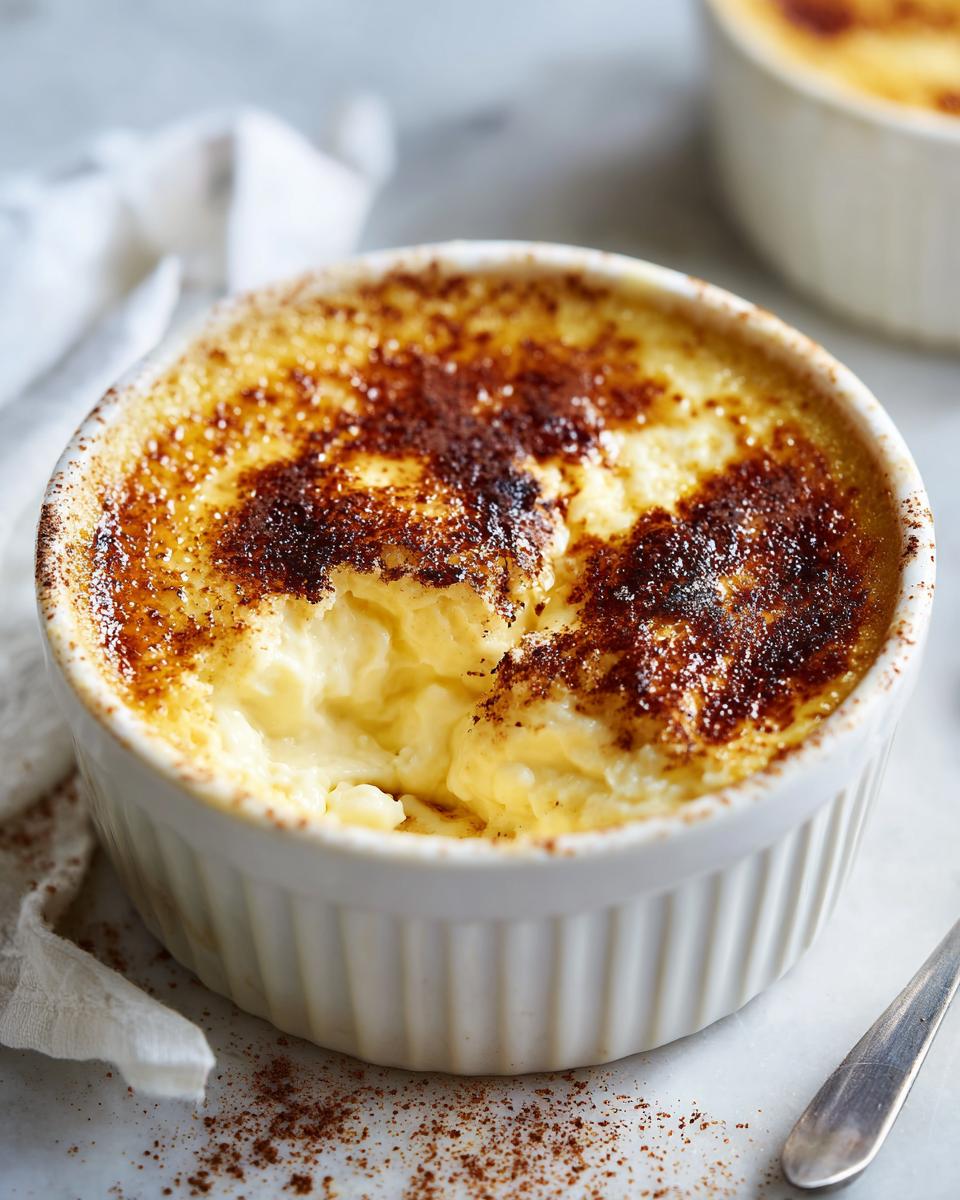 Close-up of a creamy egg custard in a white ramekin with a dark, caramelized sugar crust.