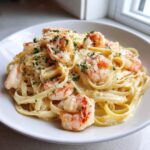 A close-up of creamy garlic butter shrimp pasta tossed with fettuccine, topped with shrimp, parmesan, and parsley.