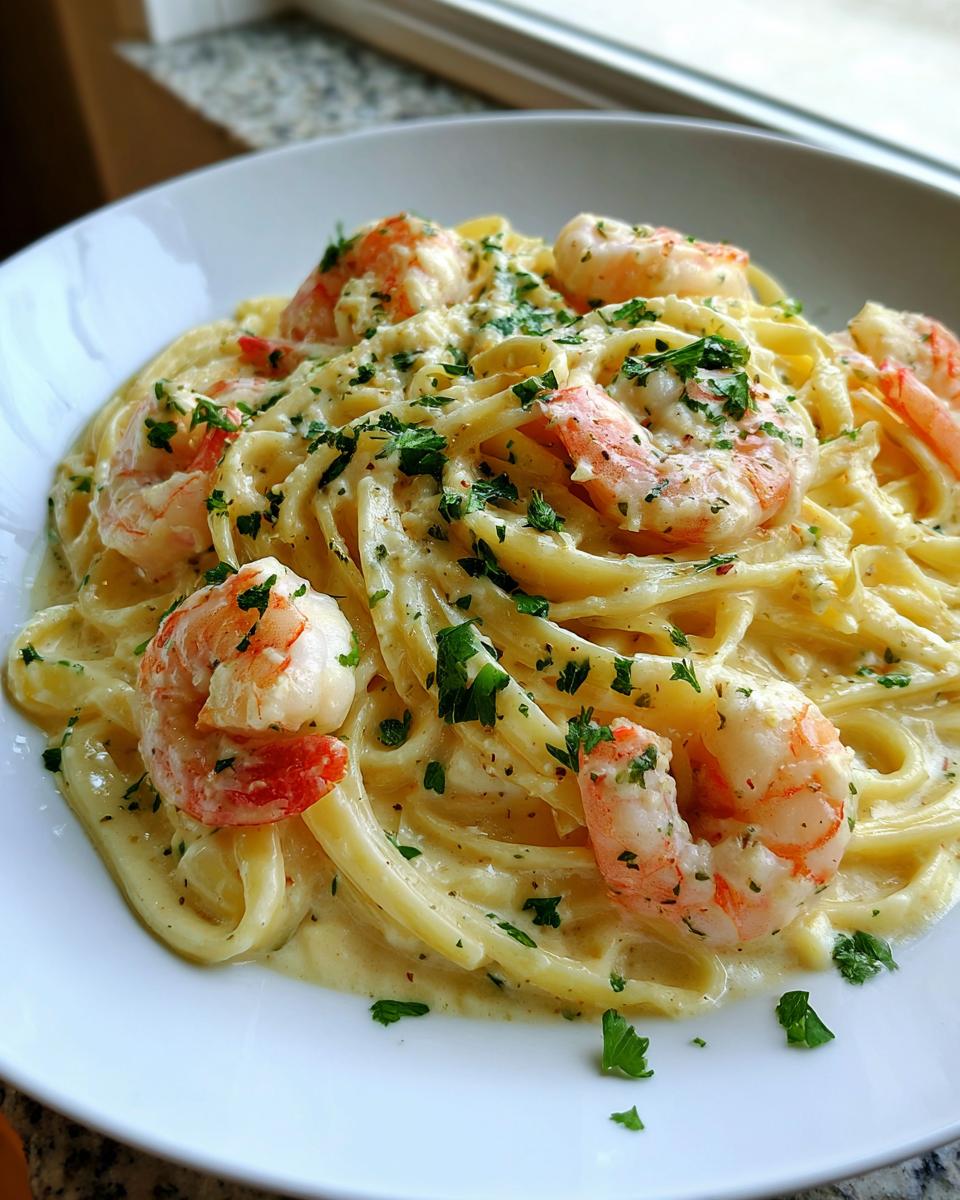 Close-up of creamy garlic butter shrimp pasta tossed in a rich sauce and topped with fresh parsley.