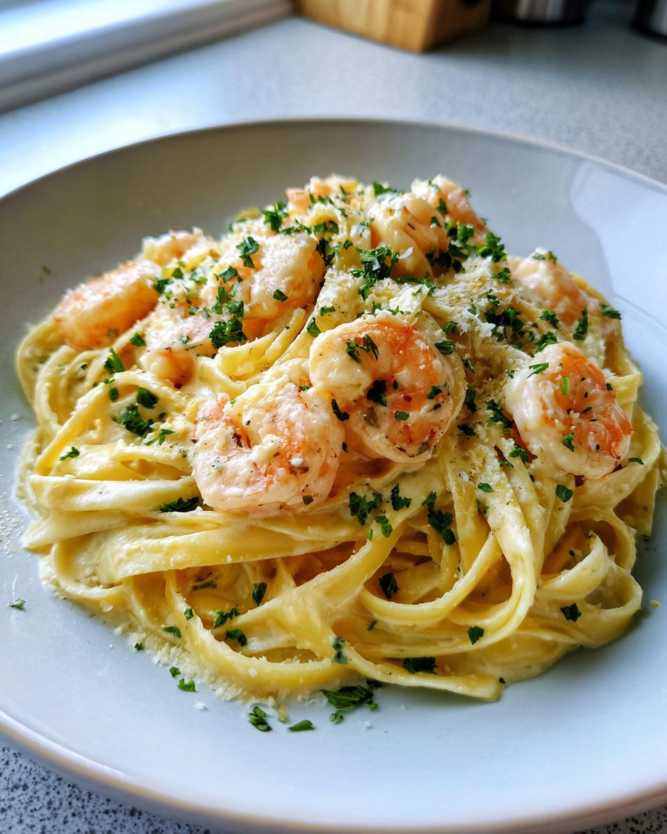 Close-up of a serving of creamy garlic butter shrimp pasta, topped with shrimp, Parmesan, and fresh parsley.