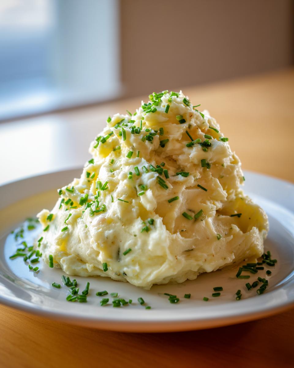 A mound of creamy garlic mashed potatoes generously topped with freshly chopped green chives on a white plate.
