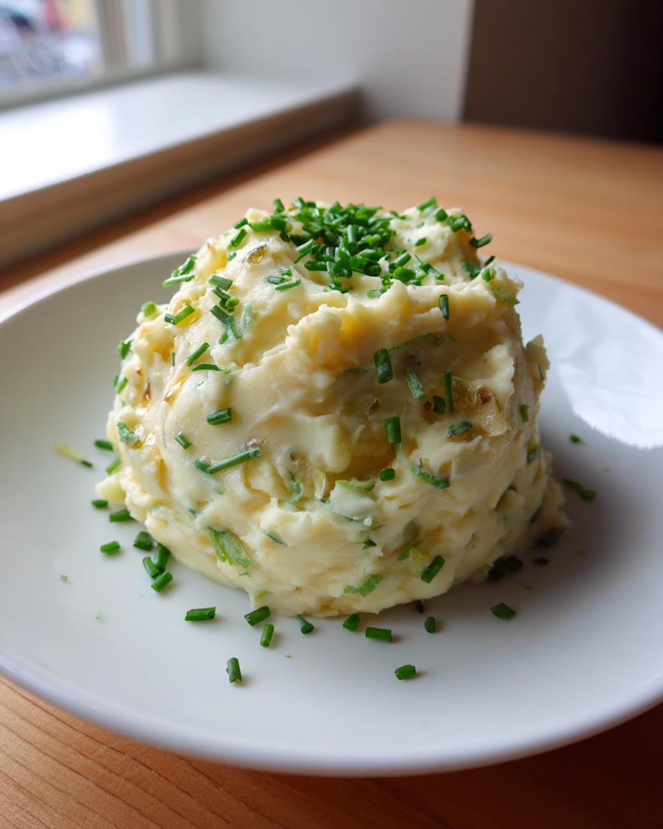 A mound of creamy garlic mashed potatoes topped generously with chopped fresh green chives on a white plate.