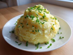 A generous mound of creamy garlic mashed potatoes garnished with bright green chopped chives on a white plate.