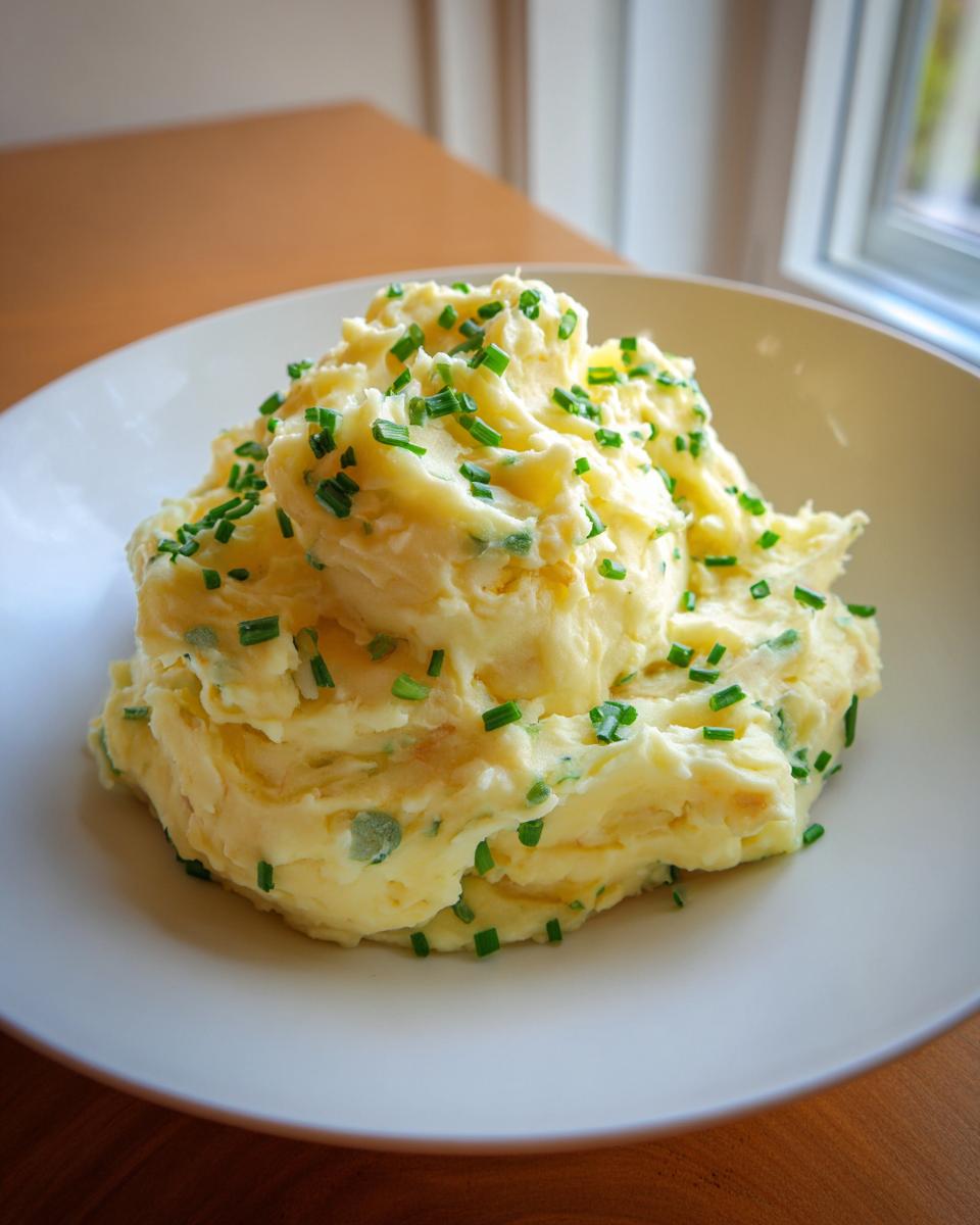 A generous serving of creamy garlic mashed potatoes topped with freshly chopped green chives in a white bowl.