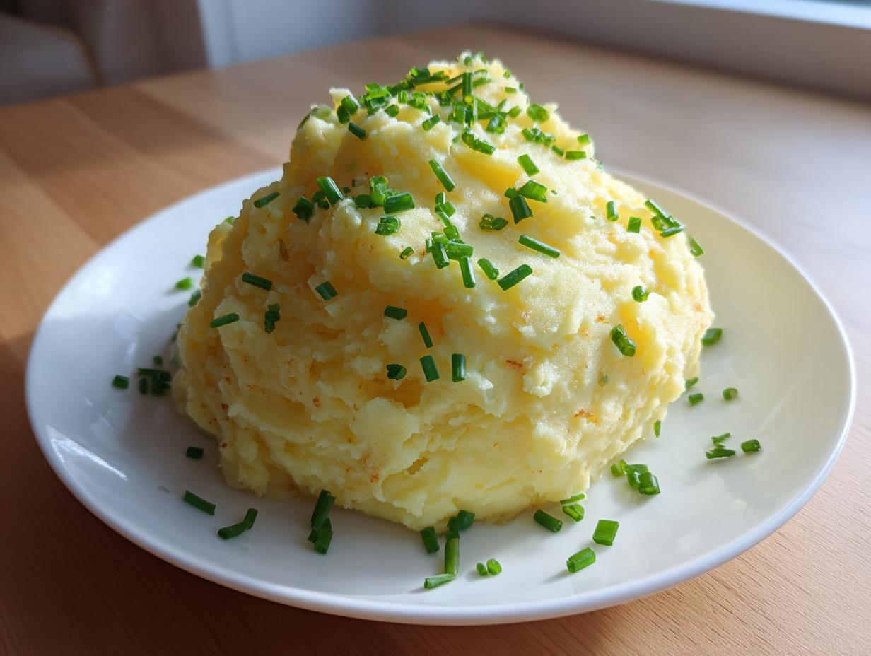 A generous mound of creamy garlic mashed potatoes garnished with bright green chopped chives on a white plate.