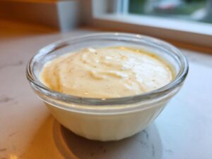 Close-up of a small glass bowl filled with thick, creamy, pale yellow garlic sauce, ready for serving.