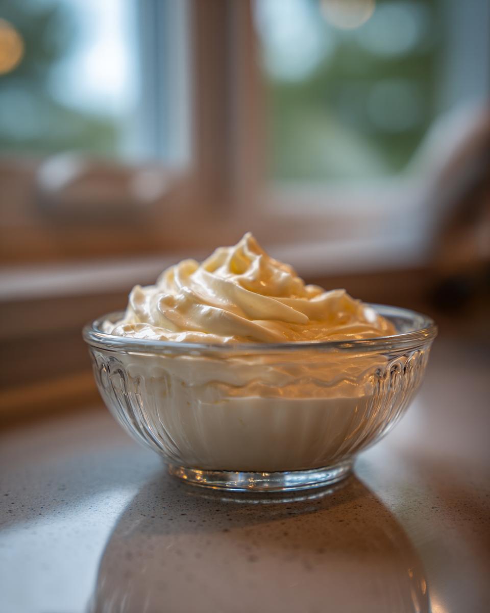 A small glass bowl filled with thick, creamy, pale yellow garlic sauce, piped into a swirl.
