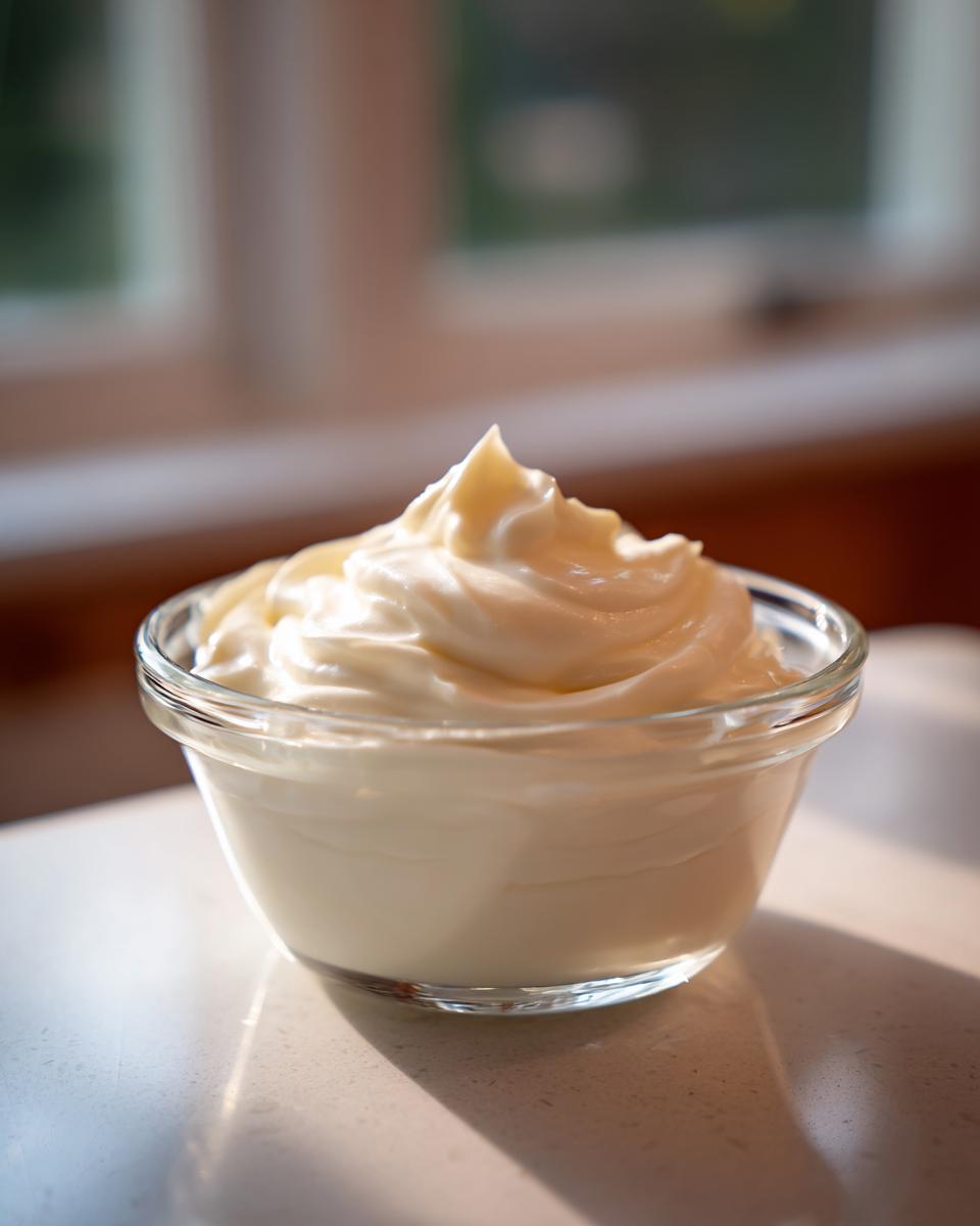 A small glass bowl filled with thick, creamy, white garlic sauce, peaked attractively on top.