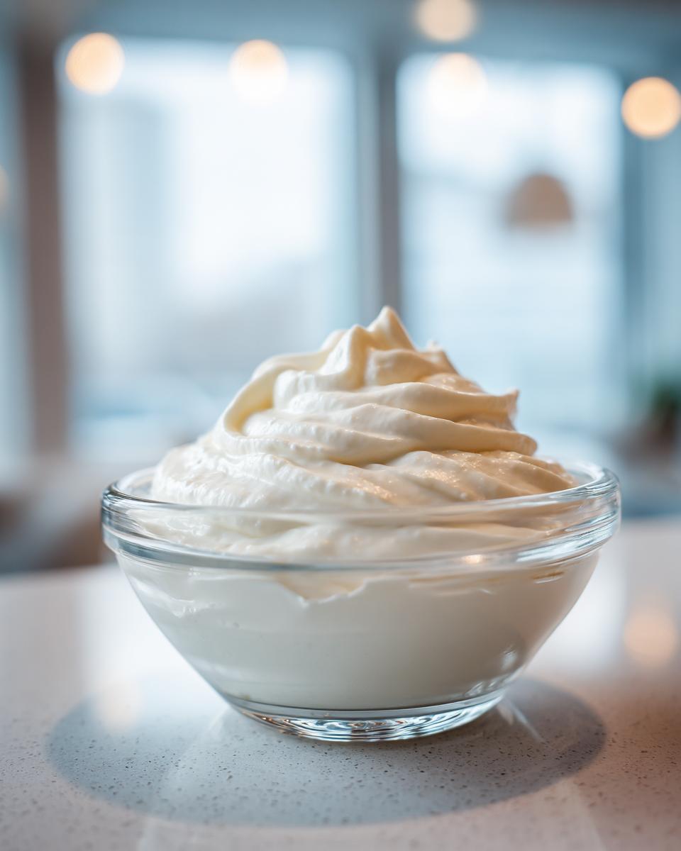 A close-up of thick, creamy white garlic sauce swirled high in a small glass bowl.