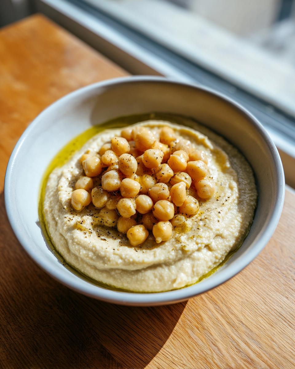 A bowl of creamy hummus topped with whole chickpeas, olive oil, and cracked pepper, resembling a thick chickpea soup base.