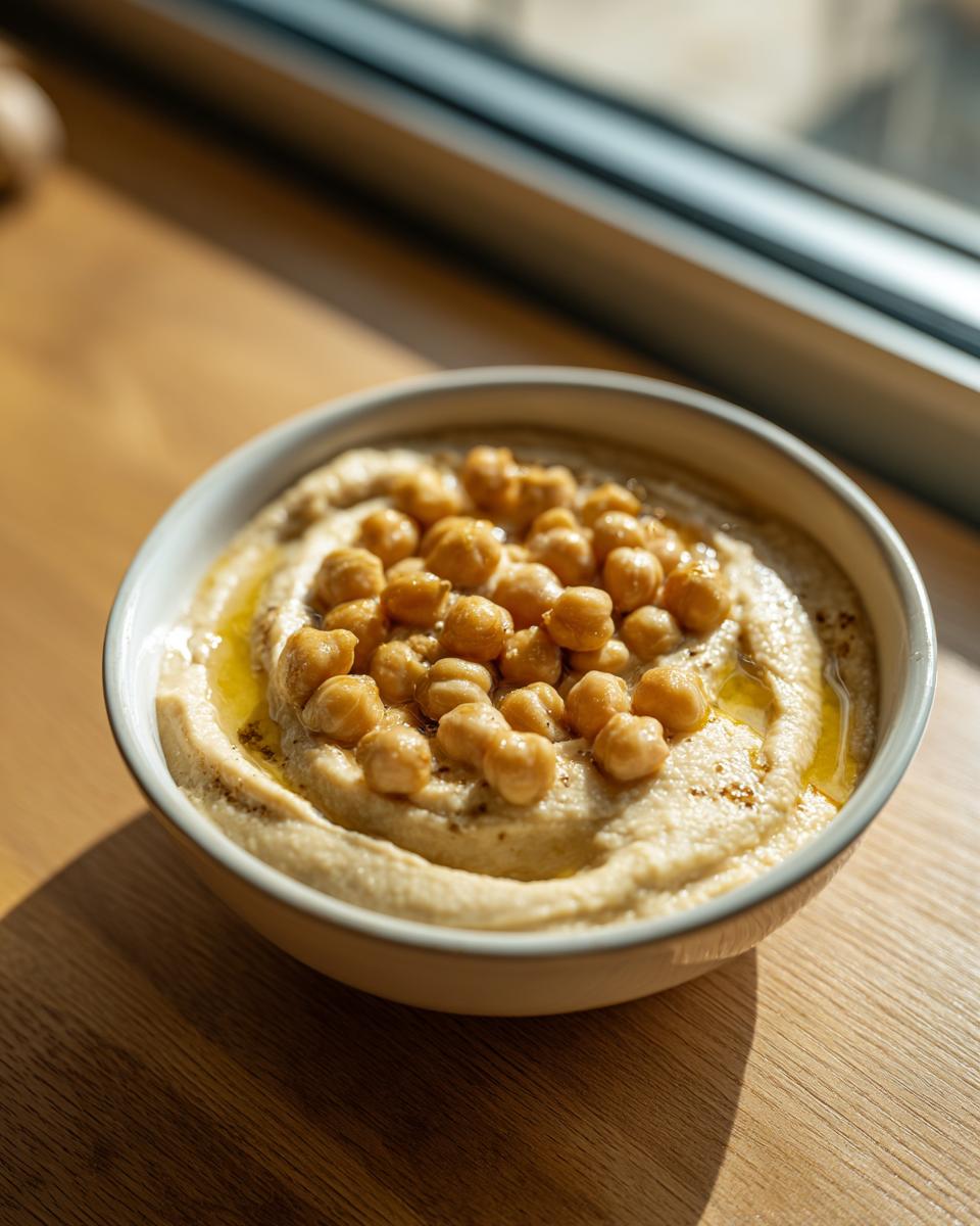 A bowl of creamy hummus garnished with whole chickpeas and olive oil, perfect for a low-calorie chickpea soup accompaniment.