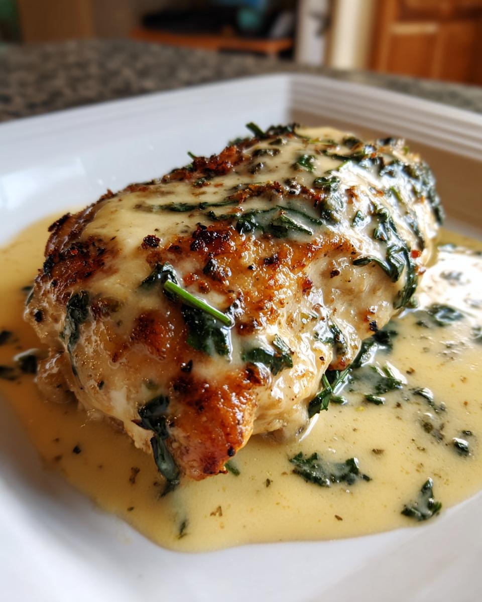 Close-up of a golden-brown chicken breast smothered in a rich, creamy lemon sauce with visible green herbs.