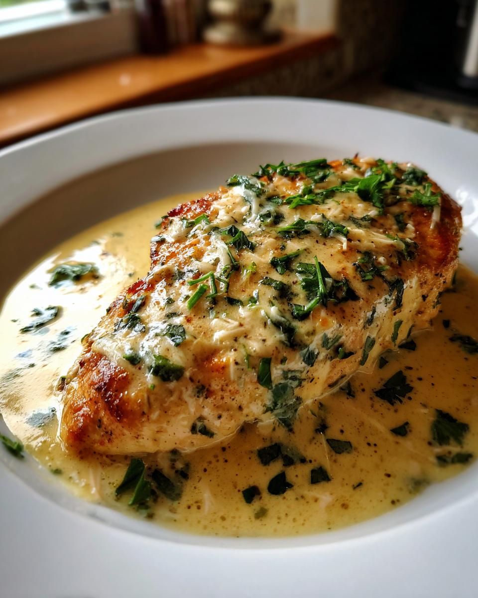 A close-up of a seared chicken breast smothered in rich, creamy lemon sauce and topped with fresh parsley.