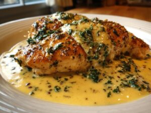 Close-up of seared chicken breasts smothered in a rich, creamy lemon sauce with fresh parsley.