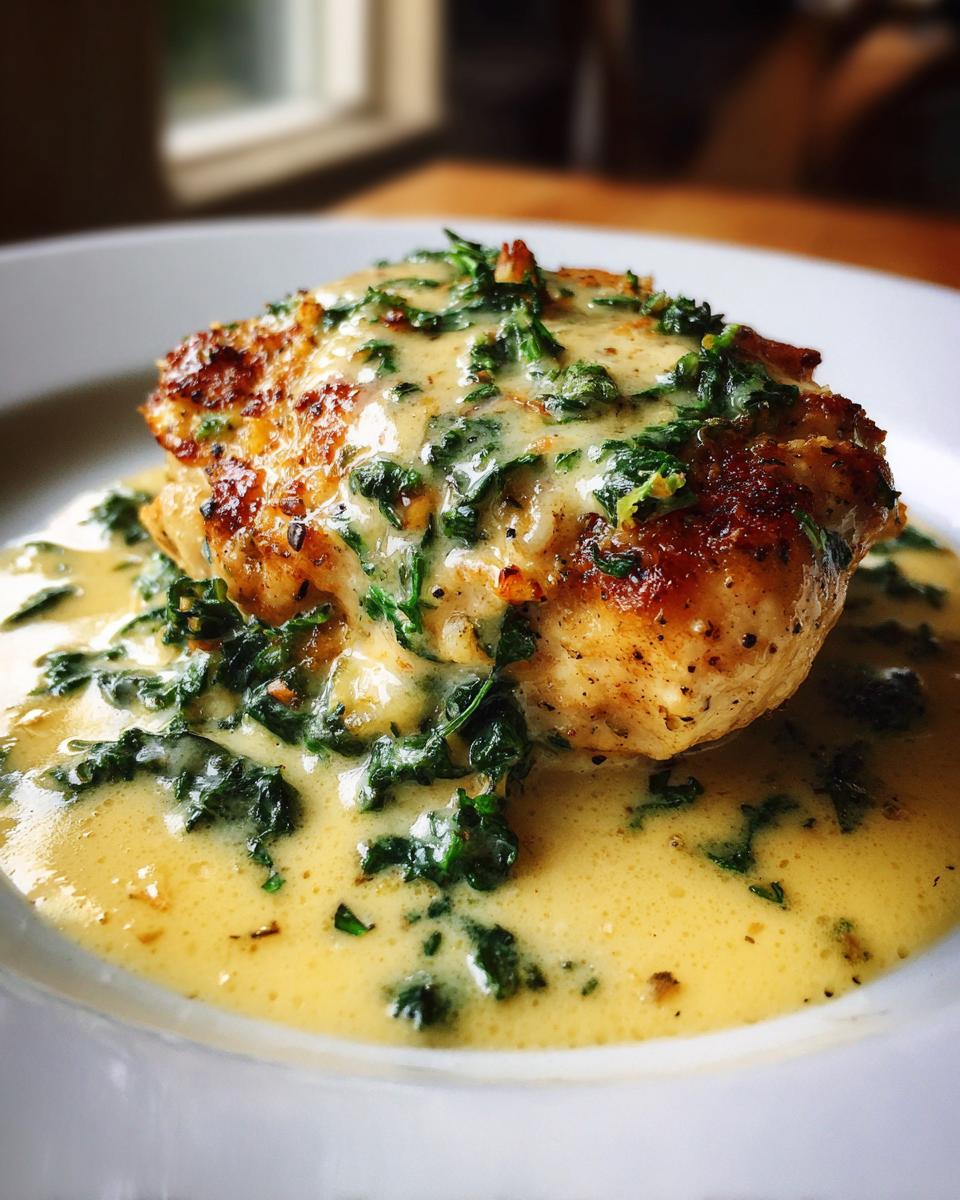 A golden-brown chicken breast smothered in a rich, creamy lemon sauce with chopped green herbs.