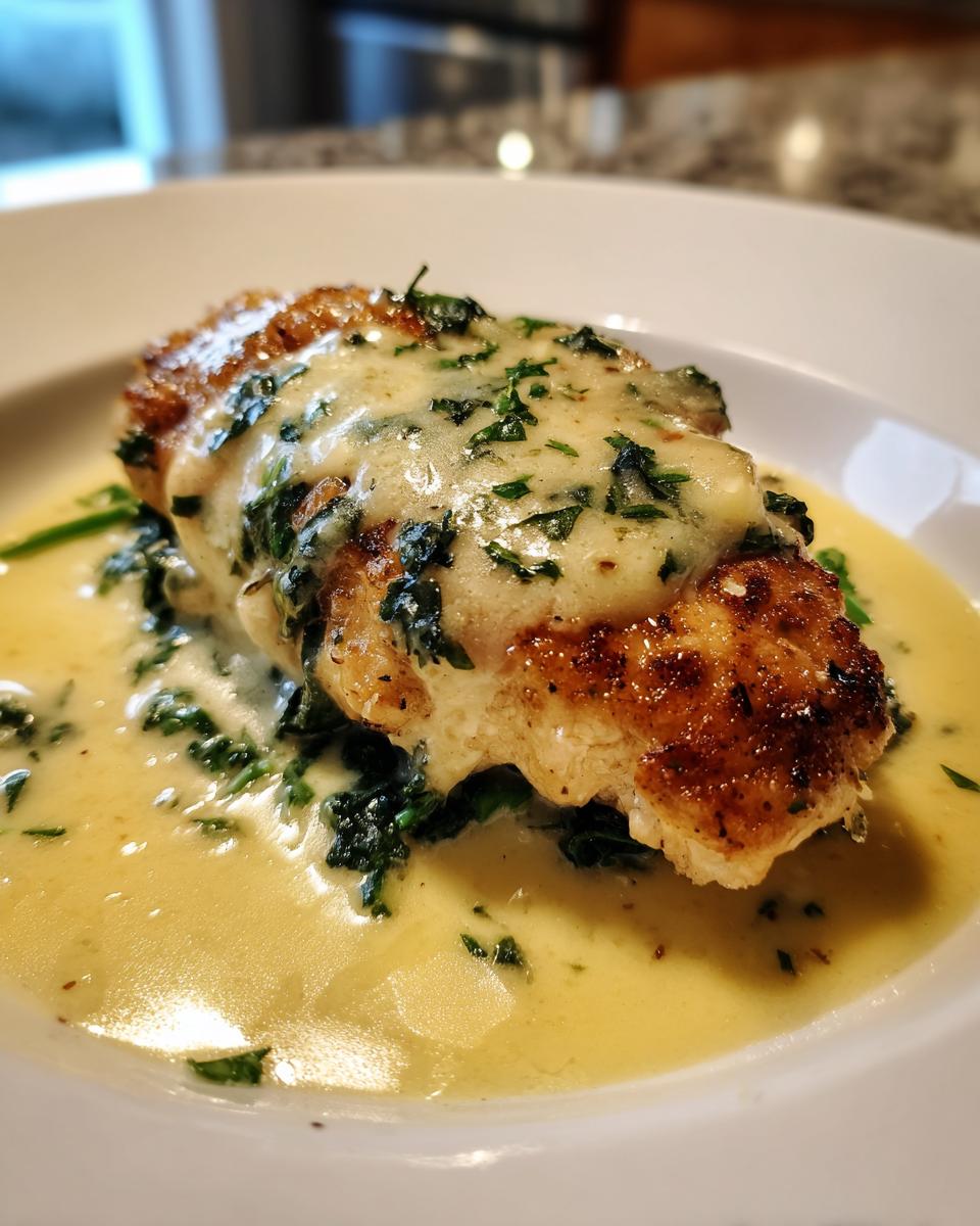 A golden-brown seared chicken breast topped with creamy lemon sauce and spinach, ready to serve.