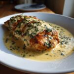 A close-up of a golden-brown seared chicken breast covered in a rich, creamy lemon sauce with fresh parsley.