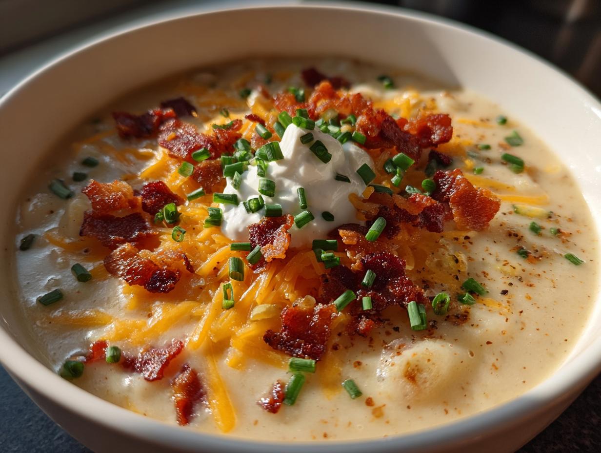 A close-up of a bowl of creamy Loaded Baked Potato Soup topped with shredded cheese, bacon bits, sour cream, and chives.