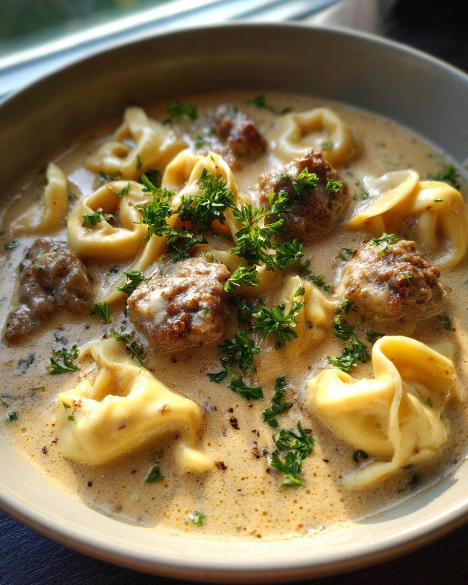 Close-up of a hearty bowl of creamy tortellini soup featuring cheese tortellini and browned meatballs, garnished with fresh parsley.