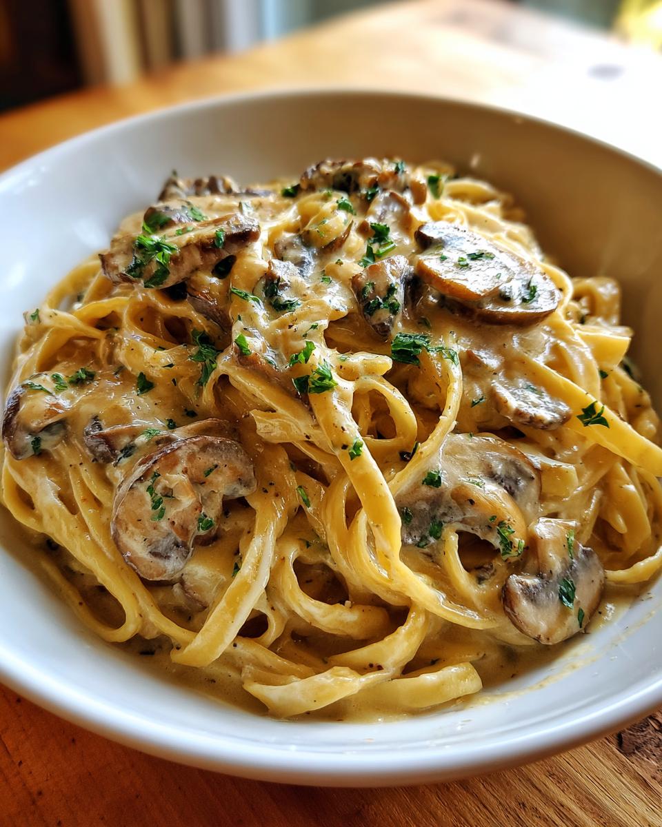 Close-up of creamy mushroom pasta (fettuccine style) coated in a rich sauce and topped with sliced mushrooms and parsley.