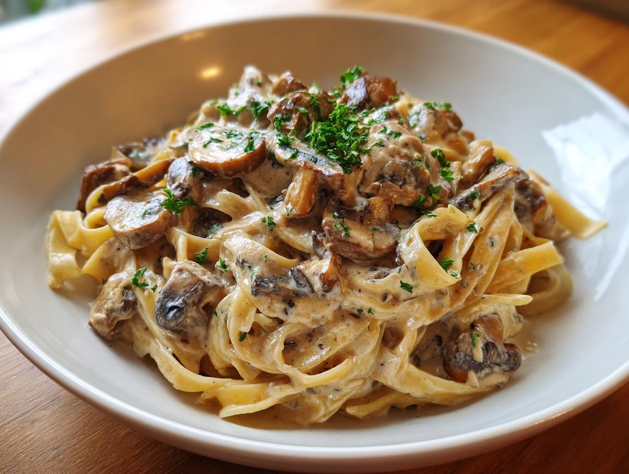 Close-up of creamy mushroom pasta featuring fettuccine coated in a rich sauce and topped with sautéed mushrooms and parsley.