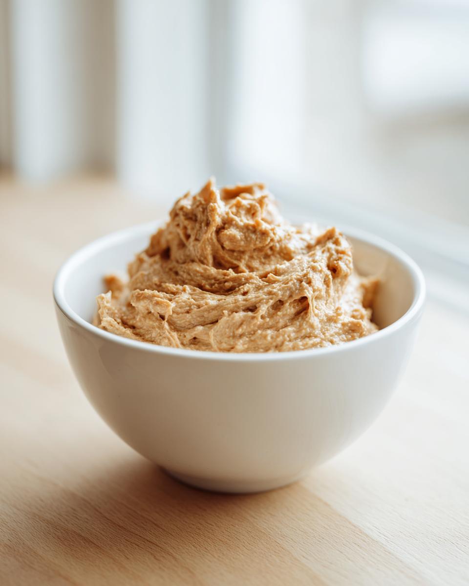A close-up of thick, creamy brown onion dip mounded high in a simple white bowl.