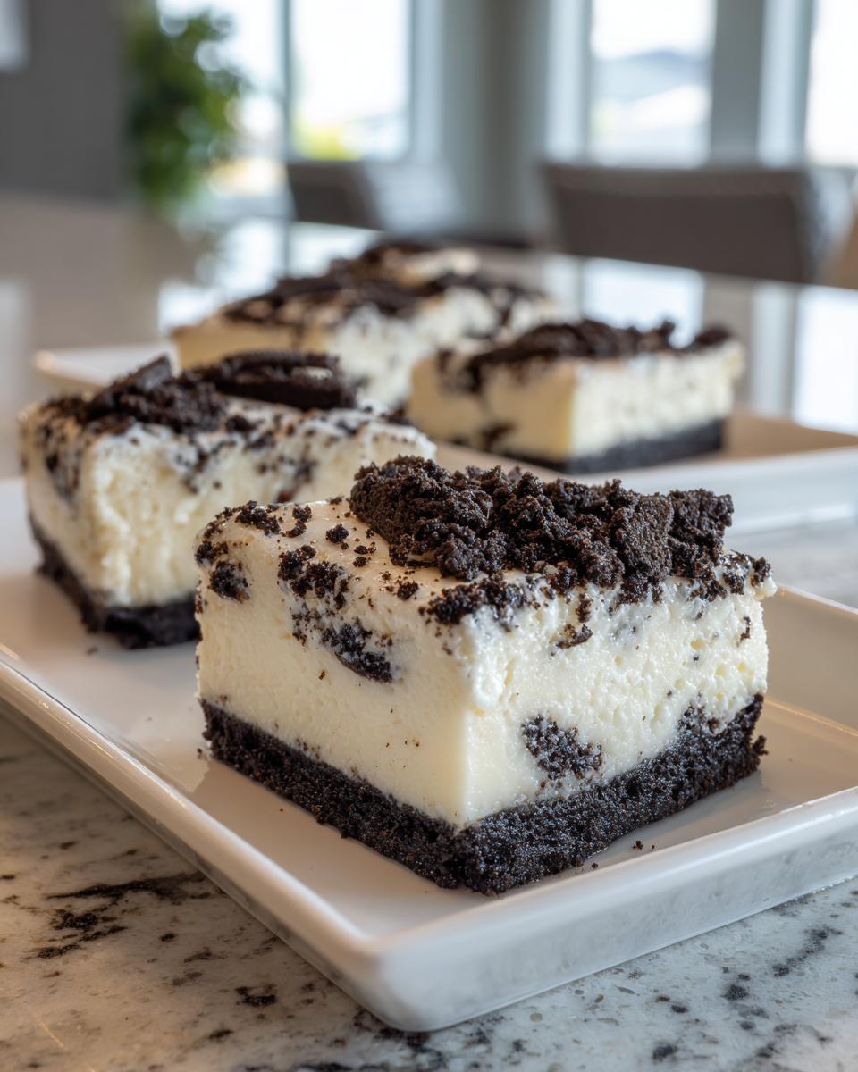 A close-up of a square portion of creamy oreo cheesecake bites with a dark chocolate crust and crumbled topping.